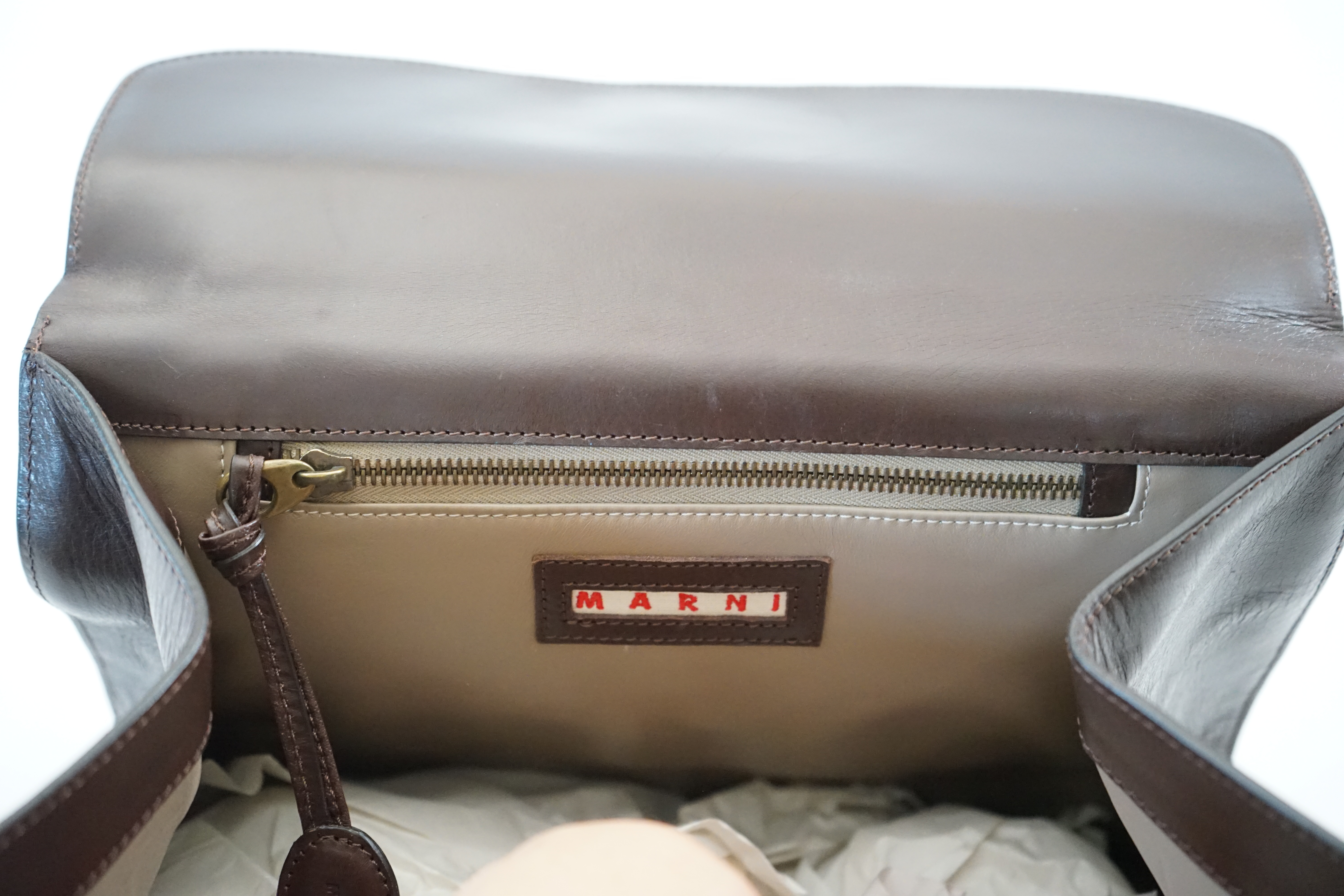 A Marni brown leather satchel bag, width 34cm, depth 18cm, height 28cm